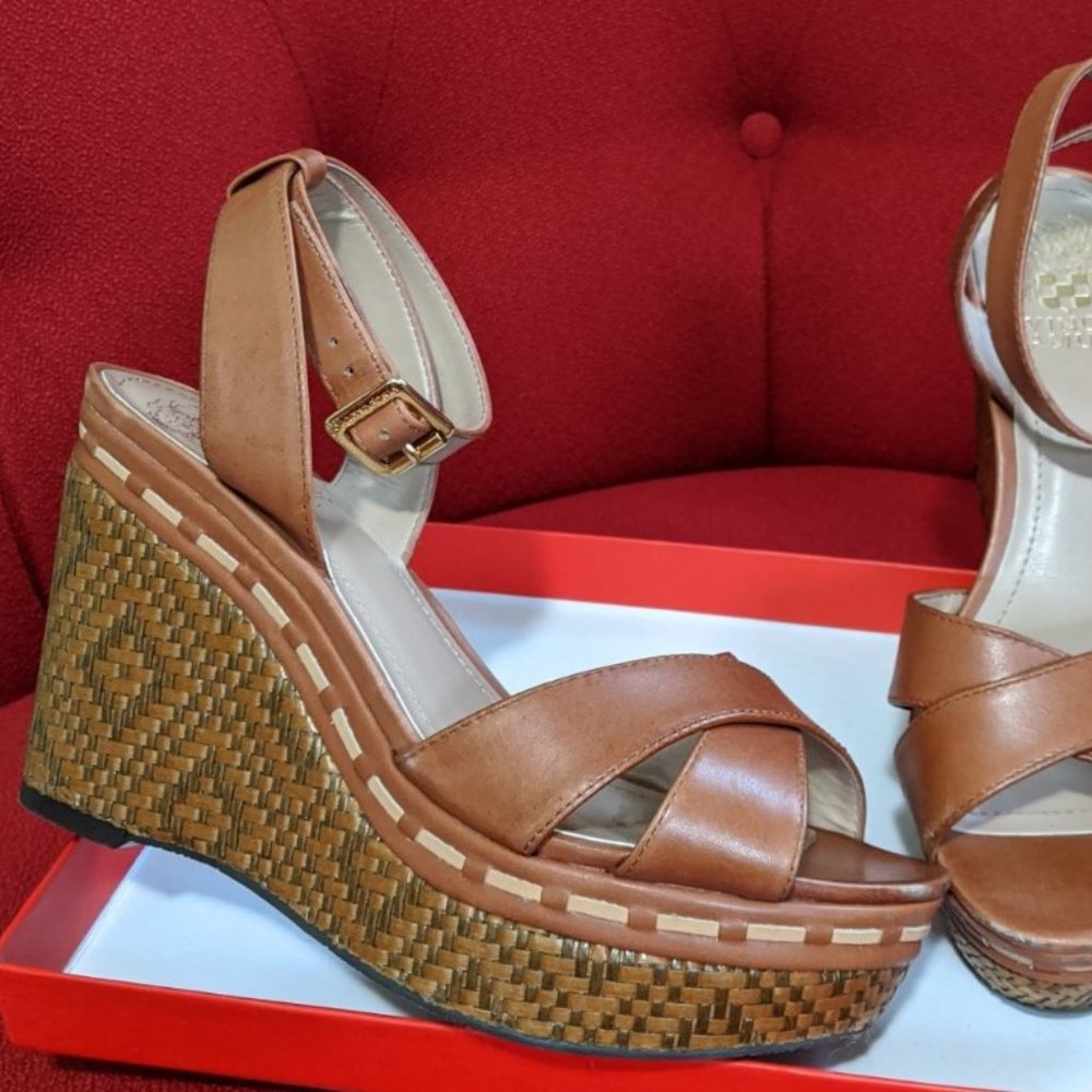 Vince Camuto Tan & Brown Leather Wedge Sandals